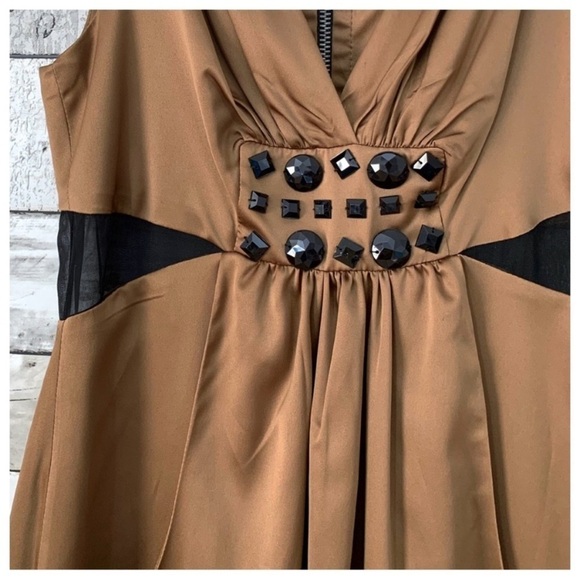 #152 BCBGeneration Jeweled Embellished Mesh Bronze Chocolate Satin Dress BCBG 2 - Picture 6 of 9